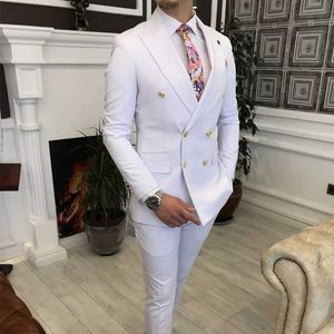 Costumes pour hommes blancs à double boutonnage avec revers à pointe Slim Fit 2 pièces de mariage smoking homme mode mâle costume de bal veste pantalon x0909