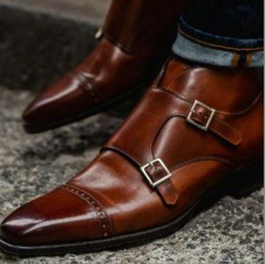Botas de monje con doble hebilla, botines de punta cuadrada de negocios marrones para Hombre con botas cortas, Zapatos Para Moto Hombre