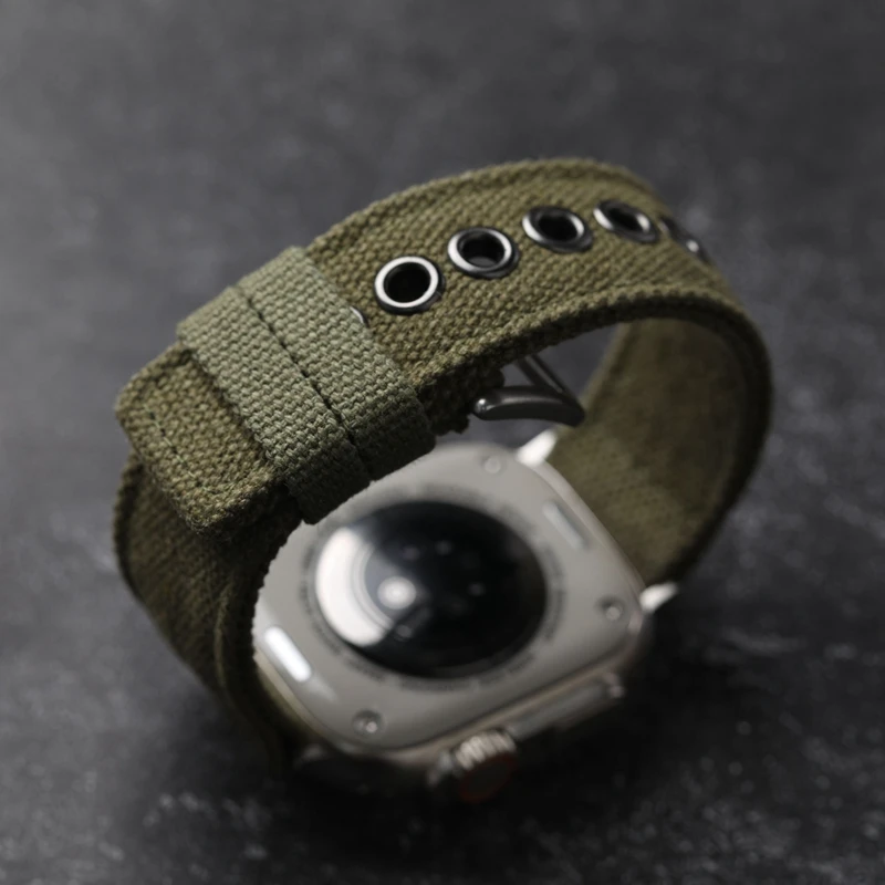 Apple Watch Ultra Strap을위한 이중 캔버스 49mm 45mm 44mm 두꺼운 녹색 흑인 남자 견고한 스타일 팔찌
