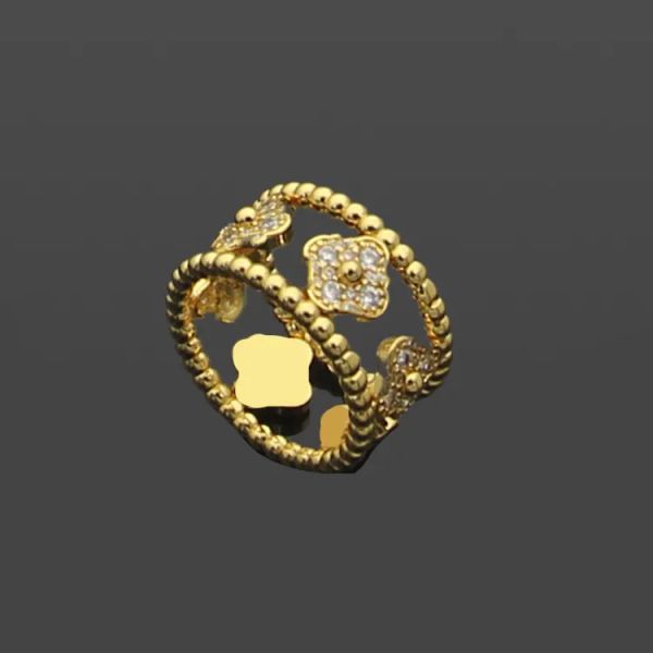 Trébol doble anillo abierto de diamantes completo caleidoscopio estrella hueca flor de cuatro hojas oro de 18 quilates mariposa piedra azul turquesa con embalaje original sin caja