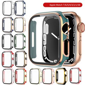 Boîtier de montre PC rigide double couleur avec verre trempé pour Apple Watch Series 7 6 45 mm 41 42 44 40 38 Protecteur d'écran Bumper Full Cover iWatch Housses de protection