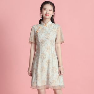 Dubbele kleur kant verbeterde cheongsam korte mouwen staande hals cheongsam jurk, nieuwe zomer mode retro dameskleding