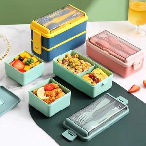 Dubbeldek Bento-doos met servies voor het tafelwerk Japans stijl Werk magnetrowaveable verzegelde split plastic lunchboxen keuken opslagcontainer Zee verzending rrd94