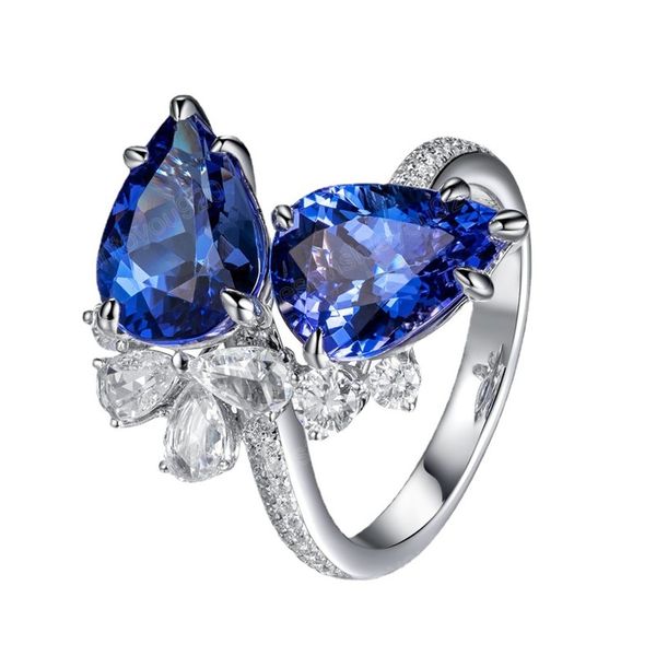 Double diamant tanzanite bleu goutte d'eau poire bague saphir bague d'ouverture cadeau de fête de mariage pour femme