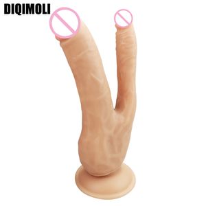 Dubbele dildo's penetratie vagina en anus Grote realistische penis met kop Zachte fallus sexy speeltjes voor masturbatie voor vrouwen