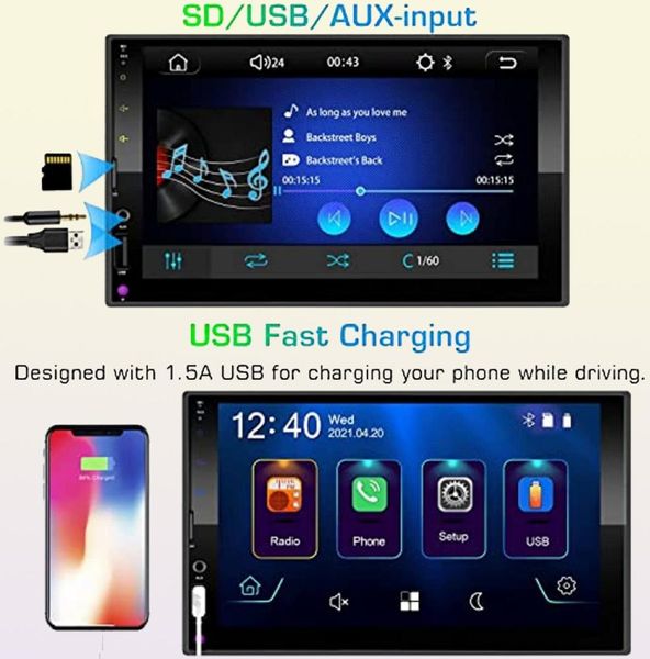 Autoradio stéréo double DIN Apple Carplay Android Auto et caméra de recul Bluetooth Écran tactile 7 pouces Lecteur audio MP5 FM USB SD AUX Mirror Link5212265