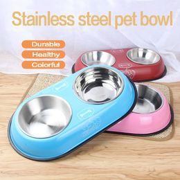 Double Dog Bowl Pet Feeding Station Acero inoxidable Water Food Bowls Feeder Solution para perros Gatos suministros Año Navidad Y200917