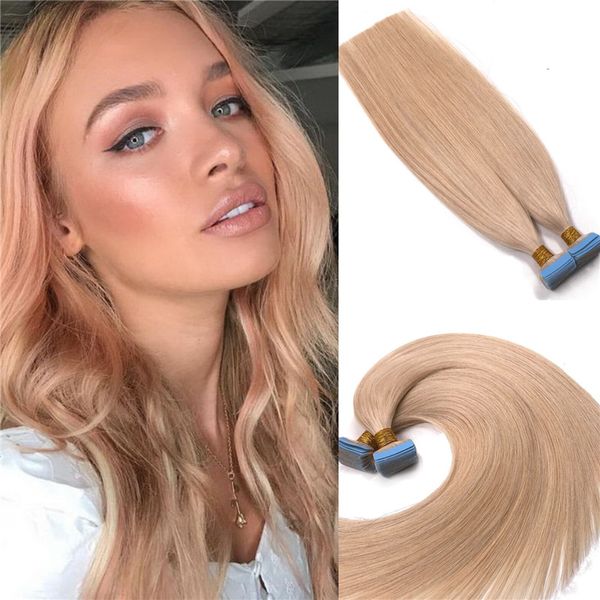 Bande de cheveux humains à double dessin dans les extensions de cheveux # 27 Strawberry Blonde Virgin Russian Invisiable Skin Weft Tape on Extensions 40pcs / 100g