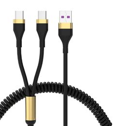 Doble durabilidad Android Micro USB tipo C expansión de resorte dos en uno Cable de carga de teléfono móvil para Samsung Xiaomi