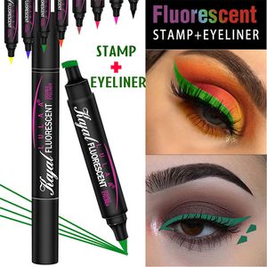 Delineador de ojos de neón con alas de doble extremo Líquido Fluorescente Luminoso Sello colorido Delineador de ojos Pluma Impermeable Lápiz de maquillaje verde de larga duración