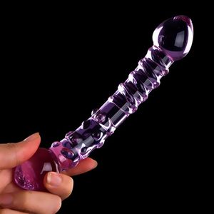 Double Ended Crystal Purple Pyrex Glass Dildo, Artificial Penis Granule and Spiral G Spot Simulator Adult Sex Toys for Woman Y191017