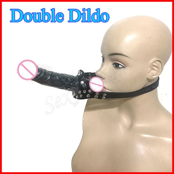 Gode Double extrémité Gag tête Strapon bouche fétiche Bondage pénis harnais lesbiennes sexy jouets produits adulte érotique