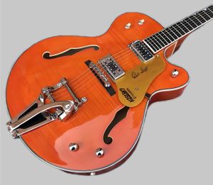 Dubbele F-gat holle body Jazz elektrische gitaar OEM, Flame Maple top, groot vibratosysteem, dikke body gitaar 258