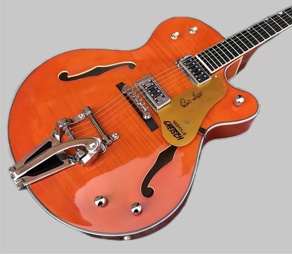 Guitarra eléctrica Jazz con cuerpo hueco, doble orificio F, OEM, tapa de arce flameado, sistema de vibrato grande, guitarra de cuerpo grueso 258