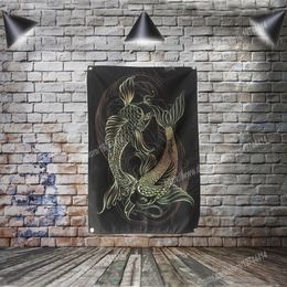 Double Fish Japanse Tattoo Kunst Poster Vlag Banner Woondecoratie Opknoping Vlaggen 4 Gromer In Corners 3 * 5ft 96 * 144cm Painting Wall Art Print Posters