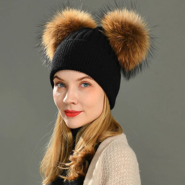 Gorro de invierno con pompón de piel doble para mujer, gorro de lana extraíble con bola de piel tejida, gorro con 2 pompones de piel de mapache de color Natural 240122