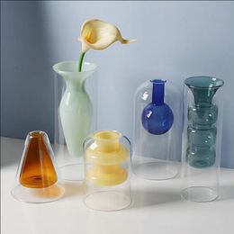 Double Vase en verre décor à la maison décor de salle moderne accessoires de décoration de mariage plante hydroponique récipient en verre artisanat de bureau 240105