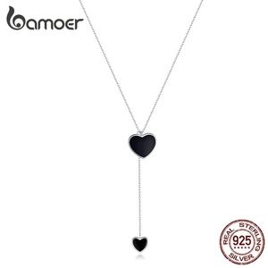 Dubbele hart ketting voor vrouwen eenvoudige zwarte email y-vorm ketting kettingen 925 femme sterling zilveren sieraden bsn095 220209