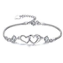 Bracelet à breloques Double coeur ficelle Bracelets en cristal blanc Bracelets pour femmes couleur argent plaqué bijoux Bileklik Pulseira236P