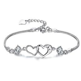 Bracelet à breloques Double coeur ficelle Bracelets en cristal blanc Bracelets pour femmes couleur argent plaqué bijoux Bileklik Pulseira243d