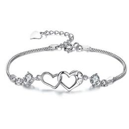 Bracelet à breloques en ficelle Double cœur pour femmes, en cristal blanc, bijoux plaqués couleur argent, Bileklik Pulseira246K