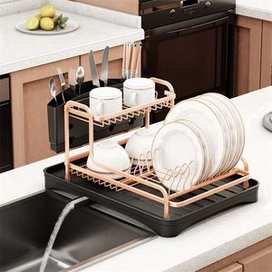 Double Couche En Alliage D'aluminium Évier Stand Dish Drying Rack Organisateur De Cuisine Égouttoir Plaque Titulaire Couverts Étagère De Rangement Accessoires 211112