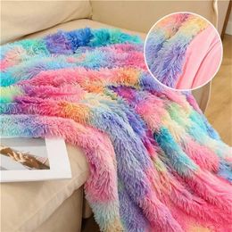 Couverture double couche hiver confortable chaud longue peluche arc-en-ciel couverture pour canapé-lit coloré fourrure moelleux cravate colorant couvre-lit 211227262t