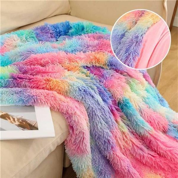 Manta de doble capa, manta larga de felpa cálida y acogedora para invierno, manta de arcoíris para sofá cama, colcha colorida y peluda con tinte anudado 211227234S