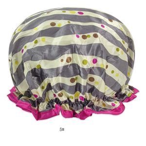 Gorro de ducha de alta calidad de doble capa, tejido satinado estampado, PEVA, bonito sombrero para adultos de dibujos animados a la moda para mujer XG0051