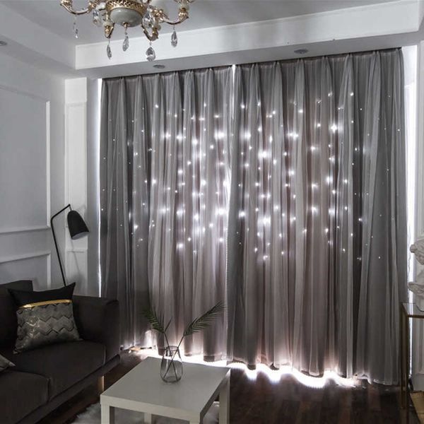 Cortina opaca de doble capa con estrellas para sala de estar, cortinas de ventana, dormitorio, gasa, decoración del hogar 210712
