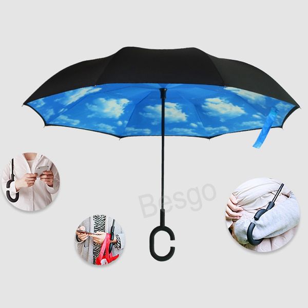 Parapluies inversés à double couche avec poignée en C Parapluie ensoleillé coupe-vent inversé Unisexe Bend Poignées Parapluie Portable Rain Gear BH6102 TYJ