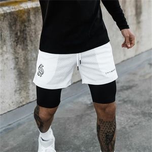 Dubbele laag jogger shorts mannen 2 in 1 korte broek sportscholen fitness ingebouwd in pocket bermuda quick dry strand mannelijke joggingbroek 220715