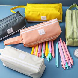 Estuche de lona de gran capacidad de doble capa, bolsas coloridas para niños, estudiantes, bolsa de almacenamiento para la escuela y la oficina