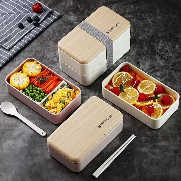 Fiambrera de doble capa, 1200ml, sensación de madera, cajas Bento para ensalada, contenedor portátil para microondas para trabajadores y estudiantes P1019