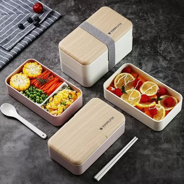 Boîte à déjeuner Double couche de 1200ml, boîtes à Bento pour salade en bois, récipient Portable pour micro-ondes pour travailleurs et étudiants B1019