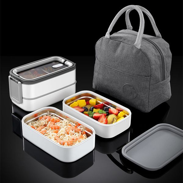 Dupla camada lancheira portátil de aço inoxidável eco-friendly isolado recipiente de alimentos armazenamento bento caixas com manter saco quente zze5611