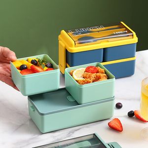 Fiambrera portátil de doble capa para niños con tenedor y cuchara Cajas Bento para microondas Juego de vajilla Contenedor de almacenamiento de alimentos YFA2052