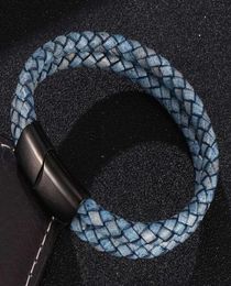 Dupla camada retro azul trançado pulseira de couro masculino jóias moda aço inoxidável fecho magnético pulseiras masculino pulseira gift4193966