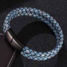 Double couche rétro bleu tressé bracelet en cuir hommes bijoux mode en acier inoxydable fermoir magnétique bracelets mâle bracelet cadeau2308