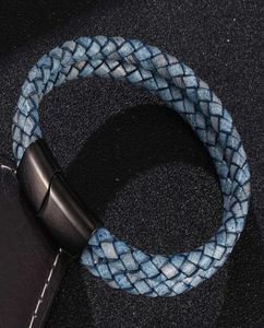 Dubbellaags Retro Blauw Gevlochten Lederen Armband Mannen Sieraden Mode Roestvrij Stalen Magnetische Sluiting Armbanden Mannelijke Polsband Gift4193966