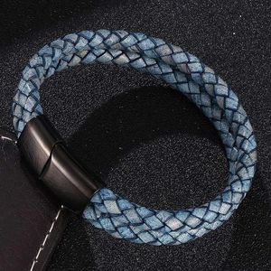 Pulsera de cuero trenzado Retro Azul de doble capa, joyería para hombre, brazaletes con cierre magnético de acero inoxidable, pulsera masculina Gift269c