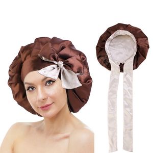 Bonnet en Satin Double couche avec larges attaches extensibles, soins pour cheveux longs, chapeau de nuit pour femmes, Bonnet de douche réglable