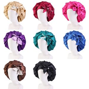 Double Layer Satin Bonnet with Stretch Tied Band Silk Turban Night Sleep Cap for Women Long Hair Care Shower Head Wrap Cover
