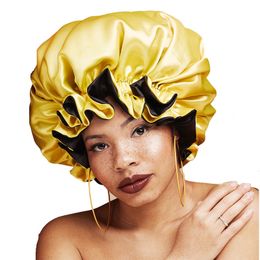 Bonnet en Satin de soie Double couche femmes bouclés cheveux longs naturels bonnet de nuit dame nuit Extra Large surdimensionné bonnet de nuit réglable