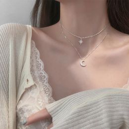 Dubbellaags Ster Maan Sleutelbeenketting 14K Witgouden ketting voor vrouwen Meisje Kubieke Zirkoon Ketting Cadeau Fijne sieraden Feest Bruiloft Accessoires