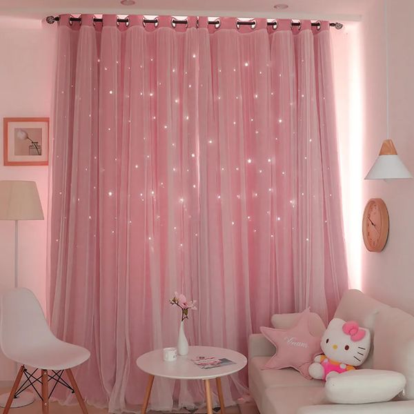 Rideau occultant étoiles Double couche, tulle rose pour chambre d'enfants, rideau transparent pour salon, chambre de fille, traitements de fenêtre 240111