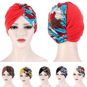 Dubbellaags Stitching Floral Twisted Turban Hat Dames Meisje Twee-Color Baotou Cap Ademend Printed Bandana Moslim Hoofdtooi