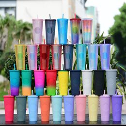 Dubbellaags Straw Cup Radiant Goddess Studded Plastic Grote Capaciteit Koudwater 710ml Durian Cups Draagbare Diamond Cup Mok