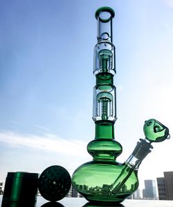 Bangs en verre Double couche 4 bras Tree Perc Bong Staright Tube Pipe à eau 16,5 pouces Waterpipe Green Dab Oil Rigs GB1218