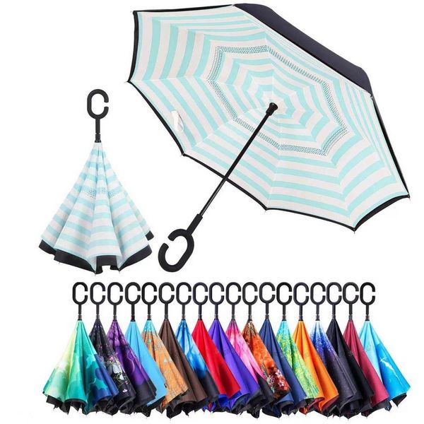 Parapluie double couche inversé usine extérieure Chine 8 nervures pliables à l'envers en tissu coupe-vent avec poignée en C parapluie inversé avec sac vF0422